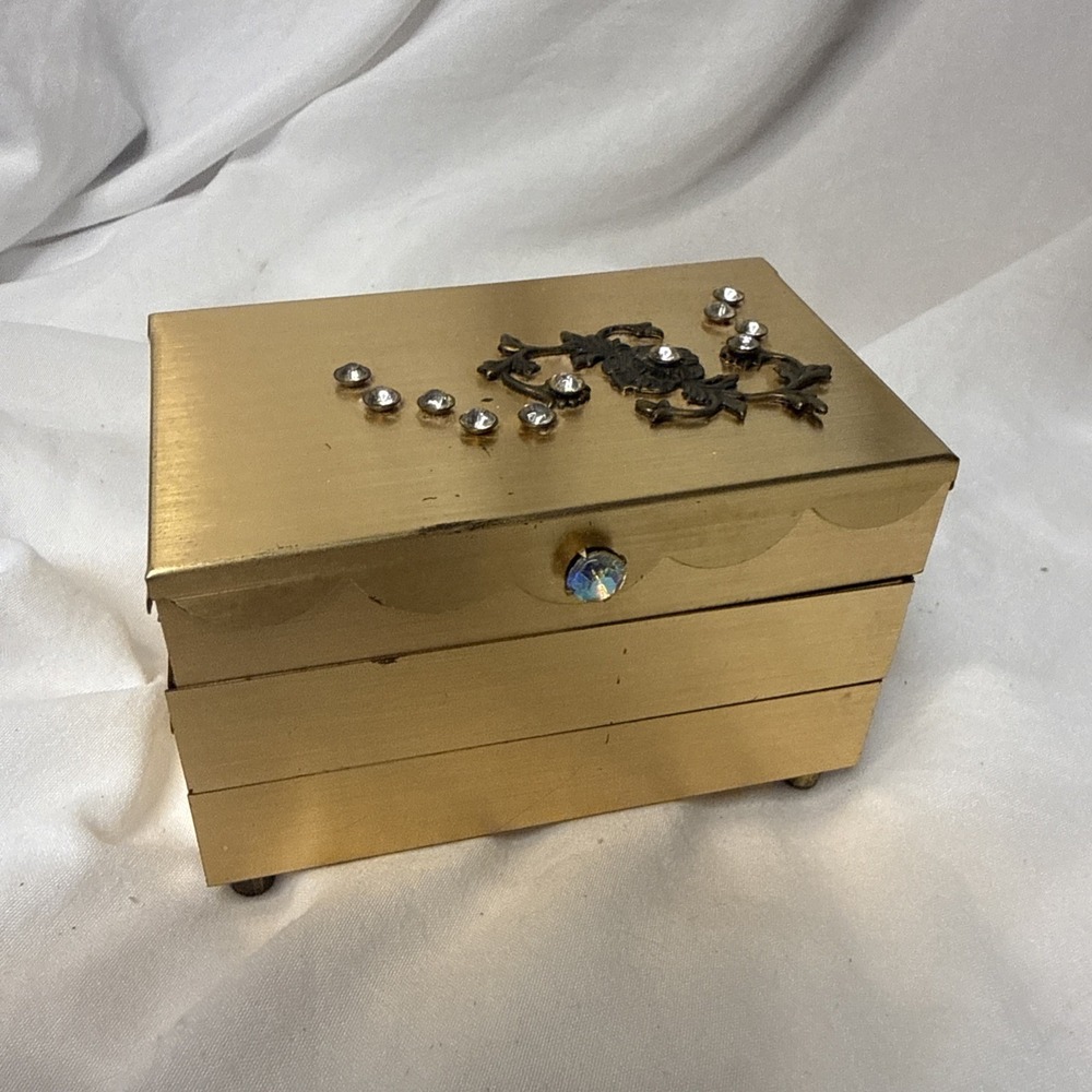 Vintage Brass Travel Rhinestone Jewelry Box Gold Tone New York Regency Fold
